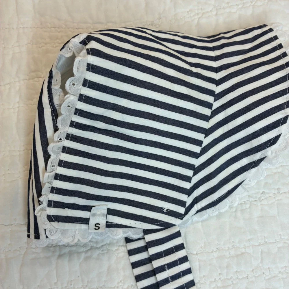 The Beaufort Bonnet Co Navy White Stripe Eyelet Trim Bonnet Small Adjustable